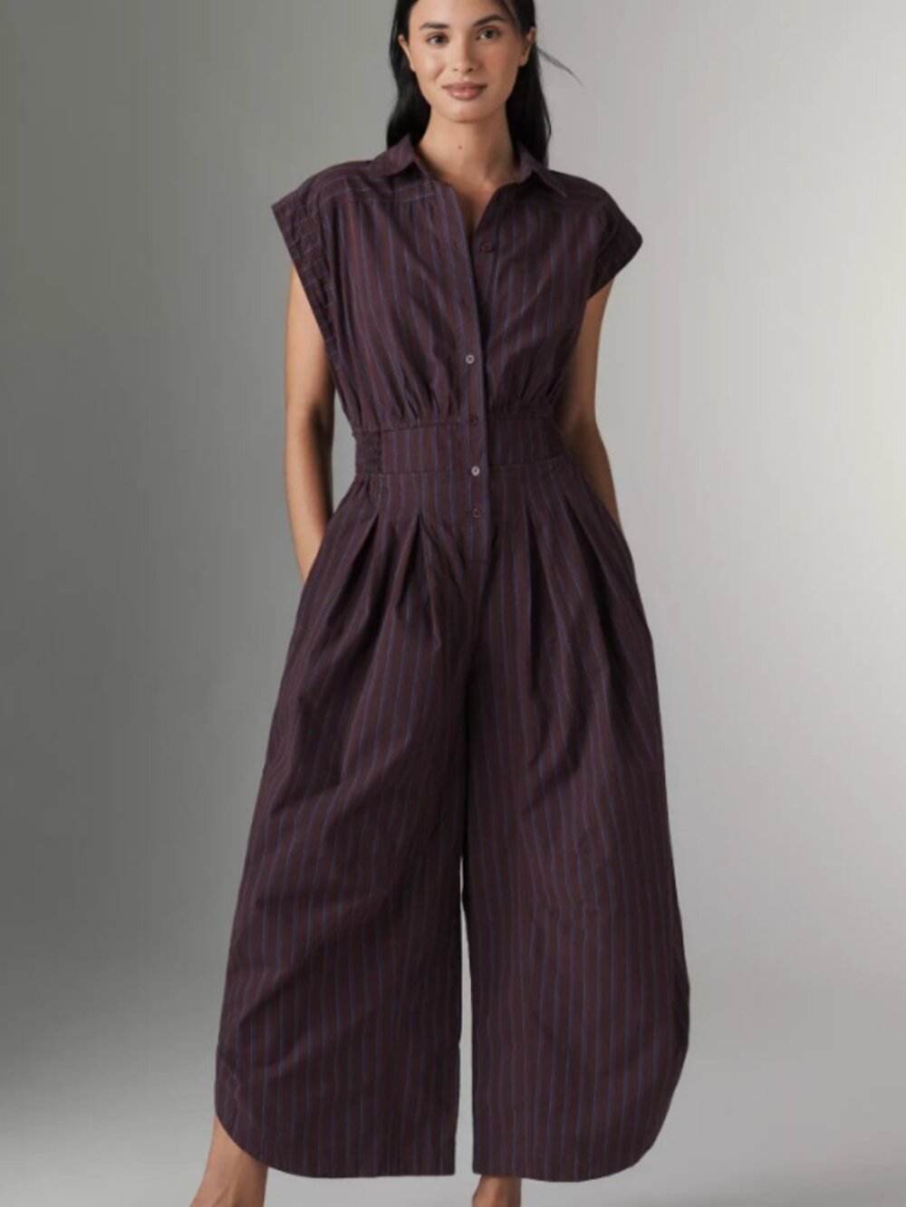 By Anthropologie Striped Shirting Parachute Jumpsuit, size M - Picture 9 of 11